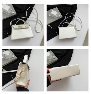 Detailed four-angle view of white Kelly style handbag showing lock and stitching