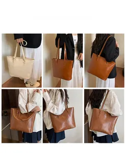 Detailed model views of the large-capacity tote bag in beige and brown faux leather