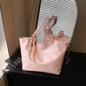 Pink glossy faux leather tote bag with large capacity and letter embossing for women