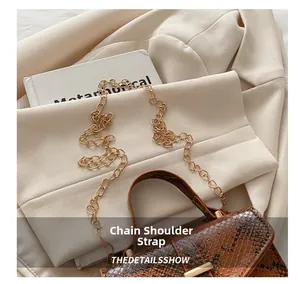 Detailed view of brown snakeskin handbag with gold chain strap on stylish blazer