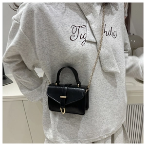 Close-up of mini black leather bag with gold horseshoe buckle and chain strap
