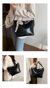 Detailed views of a black glossy tote bag with a cute plush bear charm in multiple angles