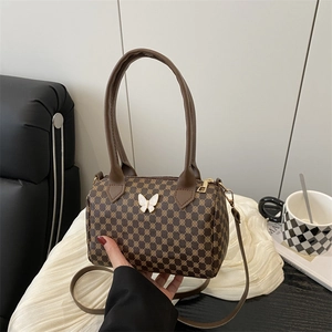 Retro print mini Boston handbag with white butterfly metal charm and crossbody strap
