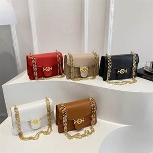 Women Shoulder Bag PU Leather Floral Embossed Design Golden Chain Strap M Letter Buckle Elegant Flap Crossbody Purse