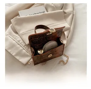 Detailed view of brown snake-embossed mini square bag with gold chain and magnetic closure