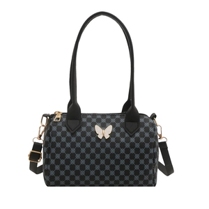 Retro Boston bag in black faux leather with blue geometric patterns and white butterfly