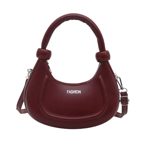 Burgundy crescent moon handbag with thick handle and detachable shoulder strap
