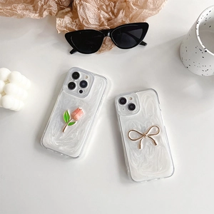 Pearlescent iPhone case with 3D pink tulip and gold bow tie flower pattern design
