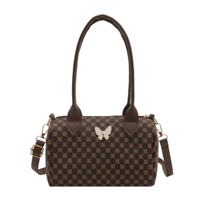 Sac Boston rétro marron à motif floral avec boucle papillon et bandoulière