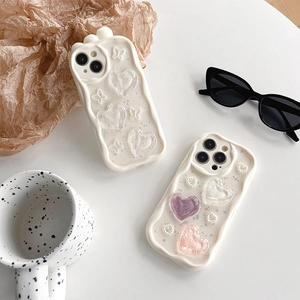 Wave Edge Heart Bowknot Phone Case Glitter Artificial Pearl TPU Shockproof Protective Cover For IPhone