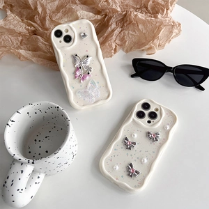 Cream Ins Style Phone Case 3D Butterfly Bow Rhinestone Artificial Pearl Glitter Wavy Shockproof Soft TPU