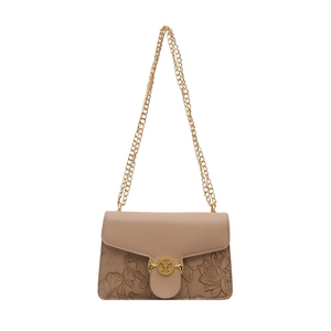 Elegant beige baguette bag with lotus relief carving and golden M buckle chain