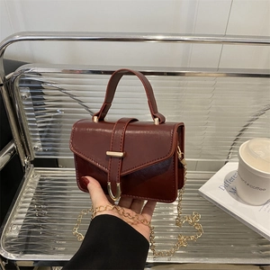 Retro burgundy mini handbag with gold metal lock and chain strap for women
