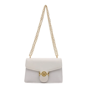 White chain shoulder bag with floral embossing and golden M-letter buckle decoration