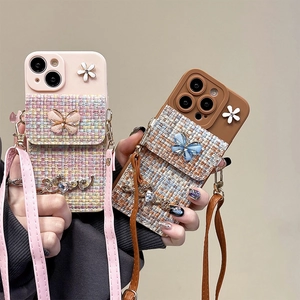Crossbody Smartphone Case With Tweed Card Slot Wallet Butterfly Flower Decor For Women Elegant Luxury Cover