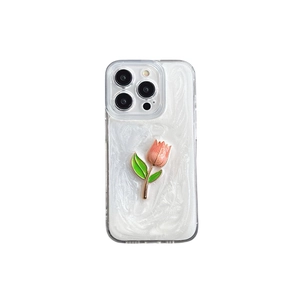 White marble pattern iPhone case with 3D pink tulip flower and anti-fall design