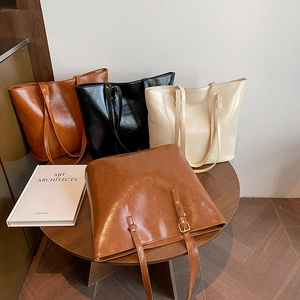 Minimalist large capacity faux leather tote bag in brown black and white colors