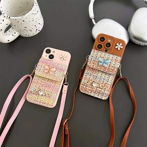 Tweed iPhone case with card wallet, butterfly decor, and crossbody strap in two colors