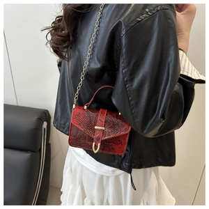 Detail of red snake pattern mini bag with gold chain strap and metal shield buckle