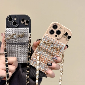 Tweed Wallet Phone Case With Rhinestone Love Letter Bowknot Crossbody Chain Strap Luxury Protective Cover For IPhone