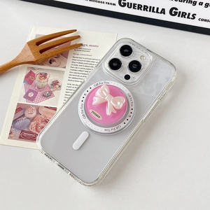 Pink pearl bow magnetic phone stand for iPhone with matte clear case and ring holder
