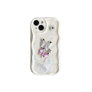 Creamy wave iPhone case with 3D butterflies, pearls and heart rhinestone on glitter back