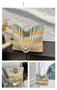 Détail d'un sac cabas tissé à rayures colorées avec des anses en corde de coton pour la plage