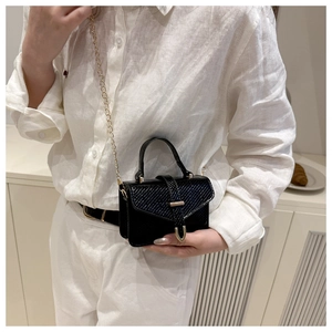 Detail of black lizard-patterned handbag with gold metal clasp and chain strap