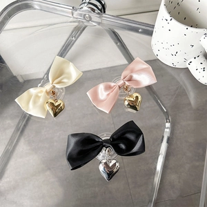 Retractable Phone Airbag Stand With Satin Bowknot And Metal Heart Pendant Transparent Expanding Grip Desktop Holder