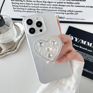 Sparkling heart grip tok with rhinestones on transparent case for iPhone models