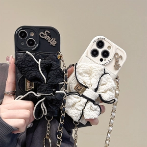 Phone Case With Pleated Fabric Bow Metal Lock Crossbody Chain PU Leather Card Holder Rhinestone Smile For iPhone