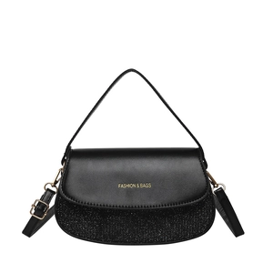 Schicke schwarze Box-Schultertasche mit mattem und glitzerndem Kontrast und Goldbeschlägen