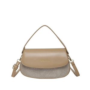 Sac à main chic en cuir kaki et tissu pailleté champagne avec bandoulière réglable