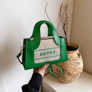 Modern square handbag in green and beige with BEPRO embroidery and adjustable strap