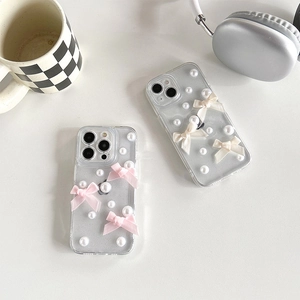 Coque De Téléphone Transparente Pailletée PC Avec Nœuds En Satin Et Künstliche Perles Artificielles 3D Mignonne Antichoc Femme