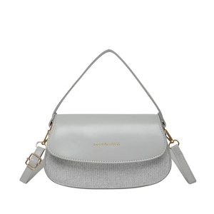 Chic grey sequin saddle bag with gold lettering and adjustable shoulder strap for women