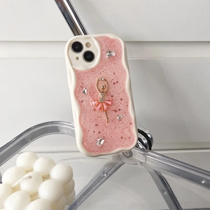 Custodia rosa per iPhone con ballerina glitterata e strass a forma di cuore