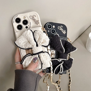 Bowknot wallet case for iPhone 16/17 with crossbody chain strap and metal lock