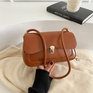 Vintage Women Crossbody Bag Retro French Underarm Bag With Golden Metal Lock PU Leather Minimalist Casual Trendy Purse