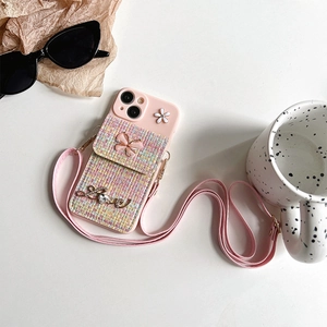 Pink tweed phone case for iPhone with 3D bow, wallet pocket and crossbody strap