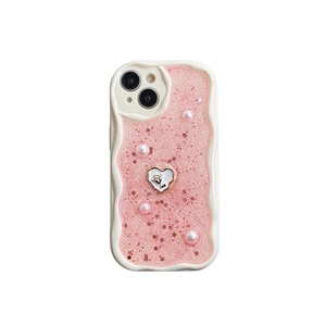 Custodia iPhone stile balletto rosa con glitter, cuore di perle e bordi ondulati crema