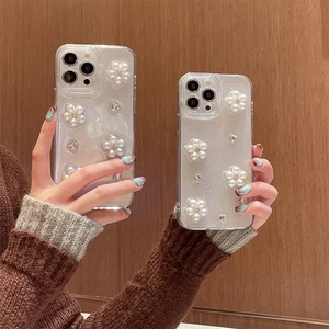Custodia iPhone 17 Pro Max Fiore Perla Artificial 3D Strass Glitter Trasparente TPU Antiurto Morbida Per Donne