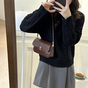 French vintage dark brown shoulder bag with gold metal buckle and glossy finish