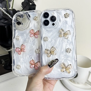 Smartphone Case 3D Butterfly Metal Rose Flower Wave Edge Artificial Pearl Glitter TPU Protective Cover For Women Girls