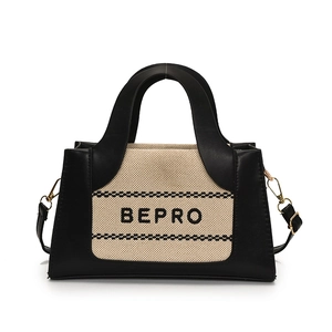 Fashionable beige fabric and black leather crossbody tote bag with BEPRO letter print