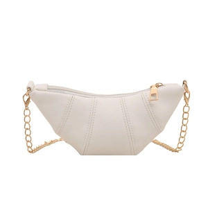 Minimalist white croissant shoulder bag with gold chain strap and pleated detail
