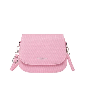 Pink fabric saddle crossbody bag with Fashion Trend logo and adjustable shoulder strap