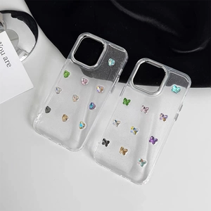 Glitter TPU Phone Case Transparent Shiny Rhinestone Heart Butterfly Design Protective Cover For Women
