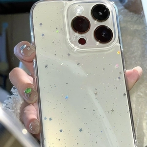 Transparent glitter phone case for iPhone with silver star sequins and full camera protection