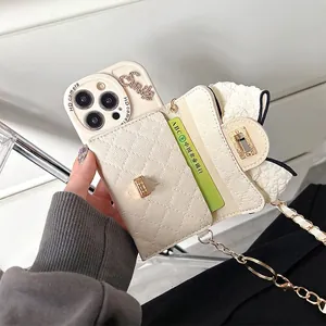 Beige quilted leather wallet case for iPhone with bow, chain strap and smile detail